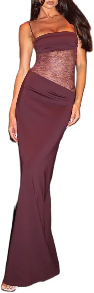 Women Spaghetti Strap Slip Maxi Dress Tie Shoulder Lace Bustier Bodycon Dress Side Cutout Beach Party Long Dress