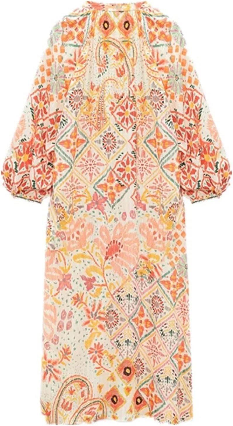 Women Summer Dresses Long Sleeve Round Neck Button Print Shift Wide A-line Dresses