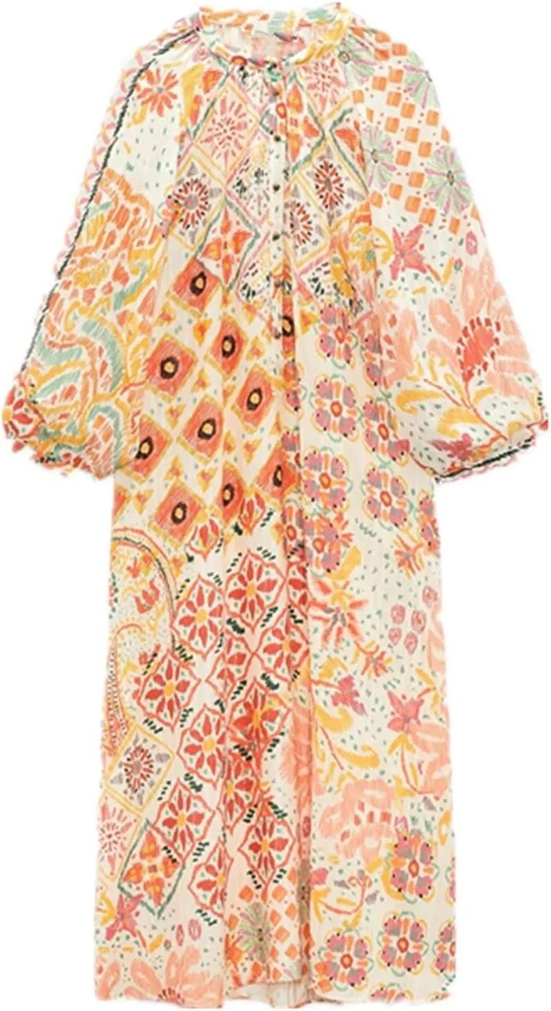 Women Summer Dresses Long Sleeve Round Neck Button Print Shift Wide A-line Dresses