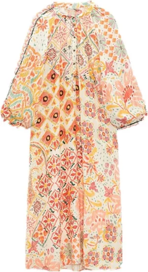 Women Summer Dresses Long Sleeve Round Neck Button Print Shift Wide A-line Dresses