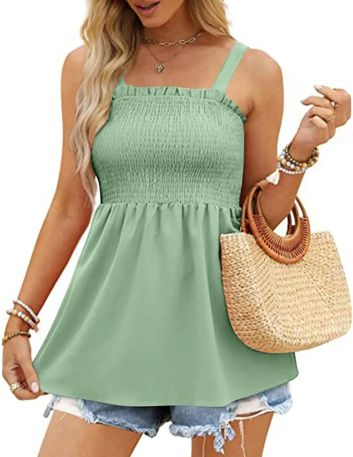 Women Summer Sleeveless Tank Top Ruched Ruffle Flowy Camisole Tummy Control Casual Longline Cami Blouse