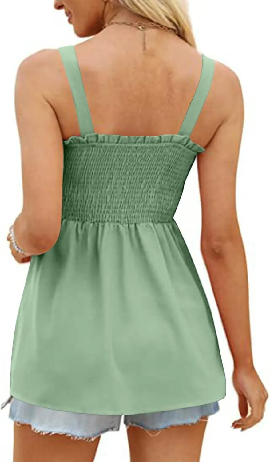 Women Summer Sleeveless Tank Top Ruched Ruffle Flowy Camisole Tummy Control Casual Longline Cami Blouse