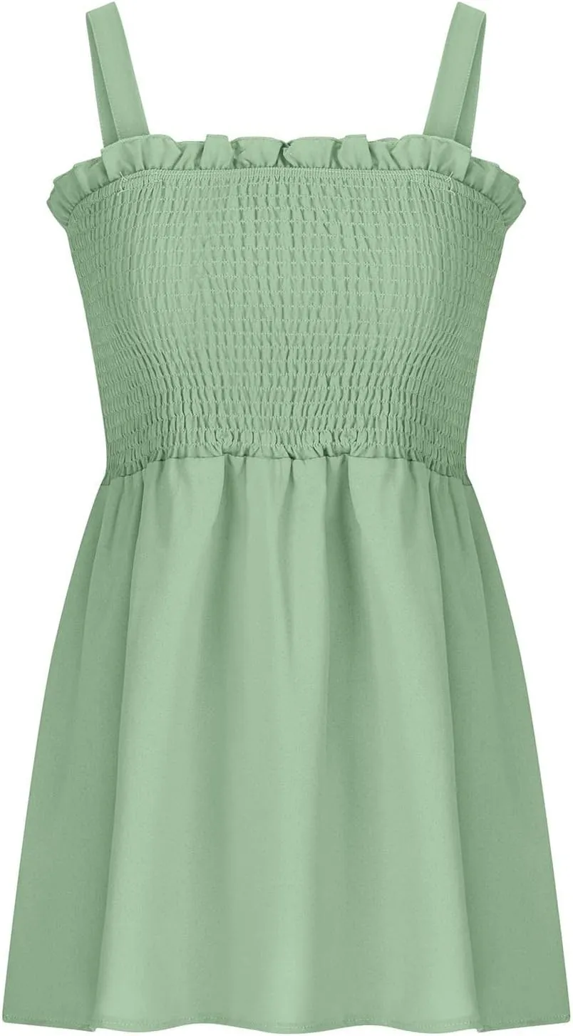 Women Summer Sleeveless Tank Top Ruched Ruffle Flowy Camisole Tummy Control Casual Longline Cami Blouse