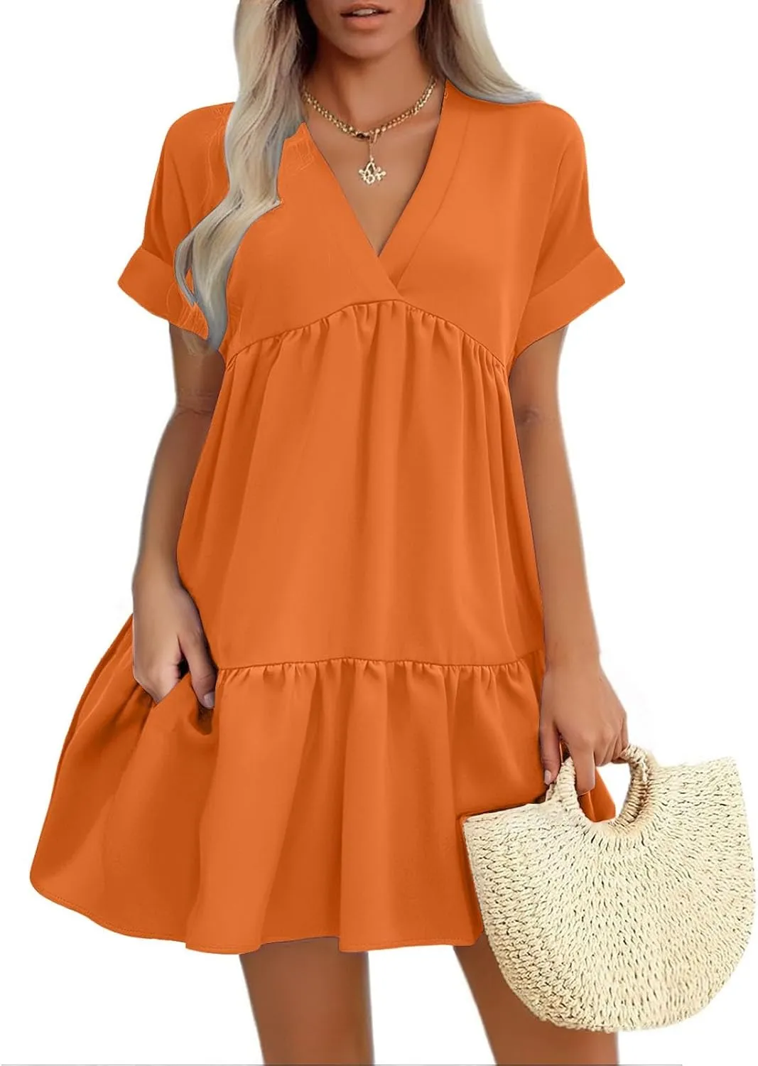 Women V Neck Babydoll Dresses 2025 Summer Short Rolled Sleeve Ruffle Swing Shift Flowy Loose Casual Summer Mini Dress