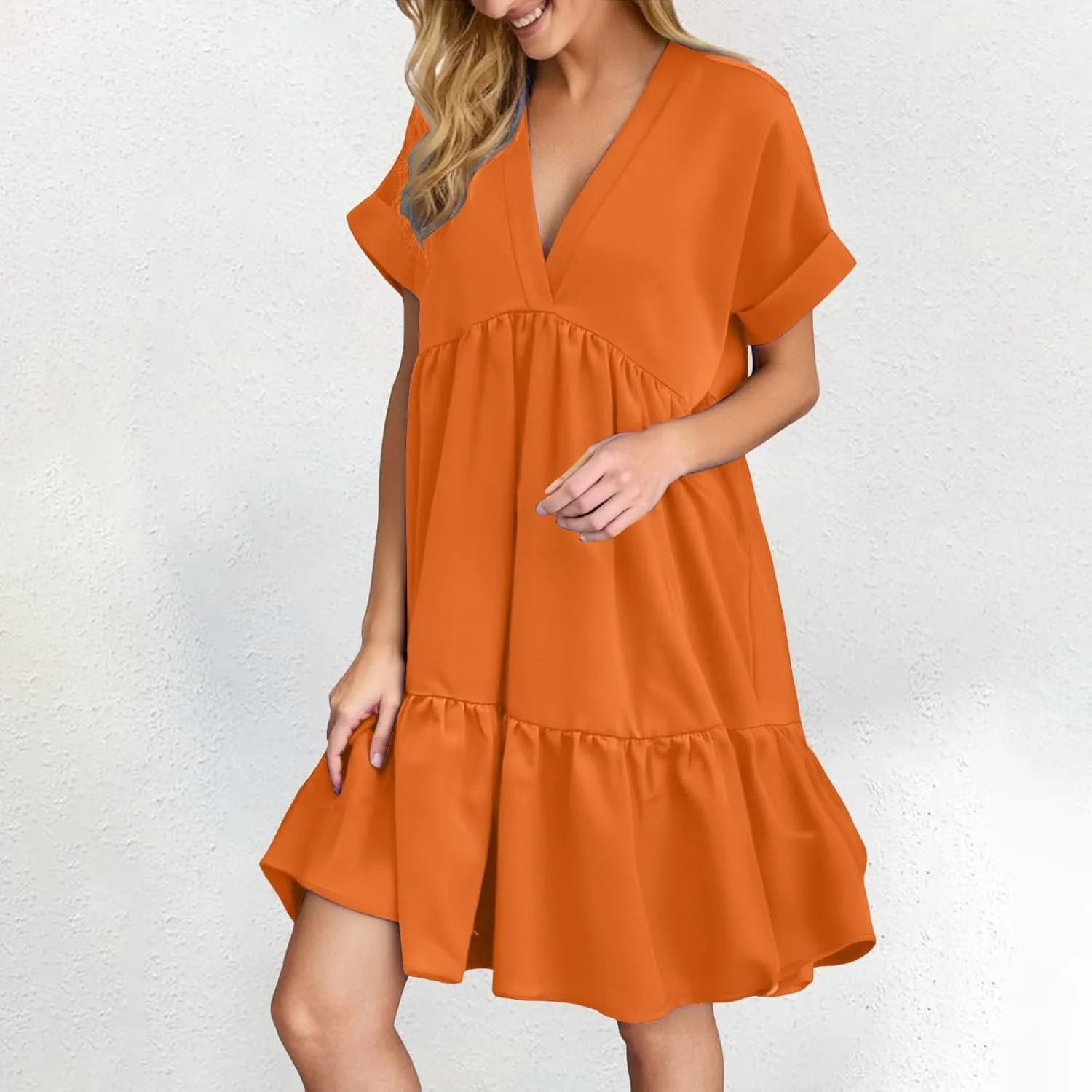 Women V Neck Babydoll Dresses 2025 Summer Short Rolled Sleeve Ruffle Swing Shift Flowy Loose Casual Summer Mini Dress