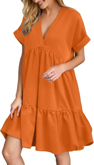 Women V Neck Babydoll Dresses 2025 Summer Short Rolled Sleeve Ruffle Swing Shift Flowy Loose Casual Summer Mini Dress