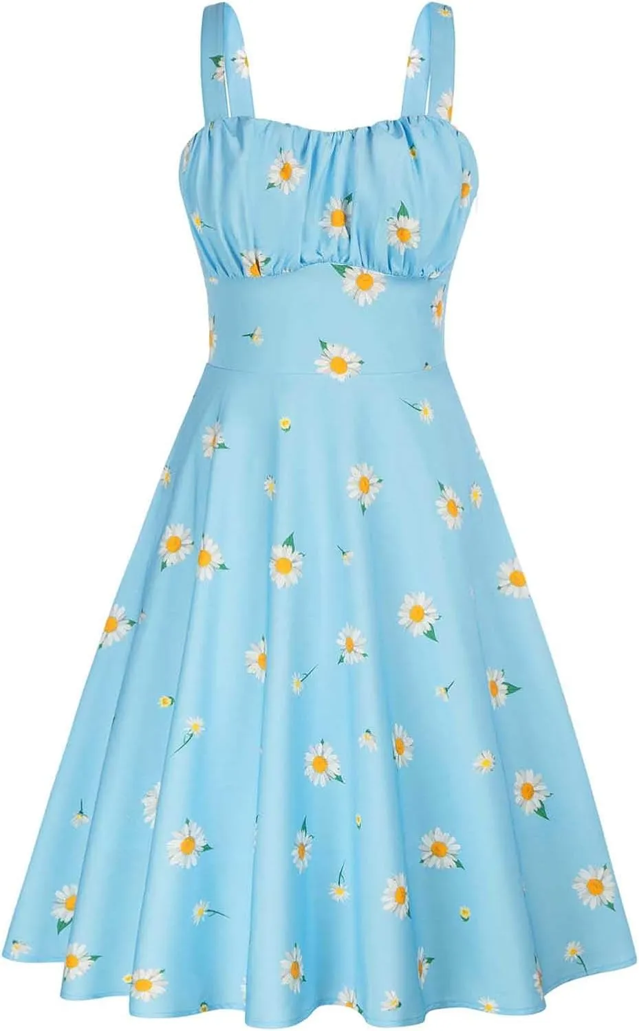 Women Vintage Sleeveless Solid Floral Ruched Summer Cute A-Line Flowy Swing Midi Dress Beach Dresses