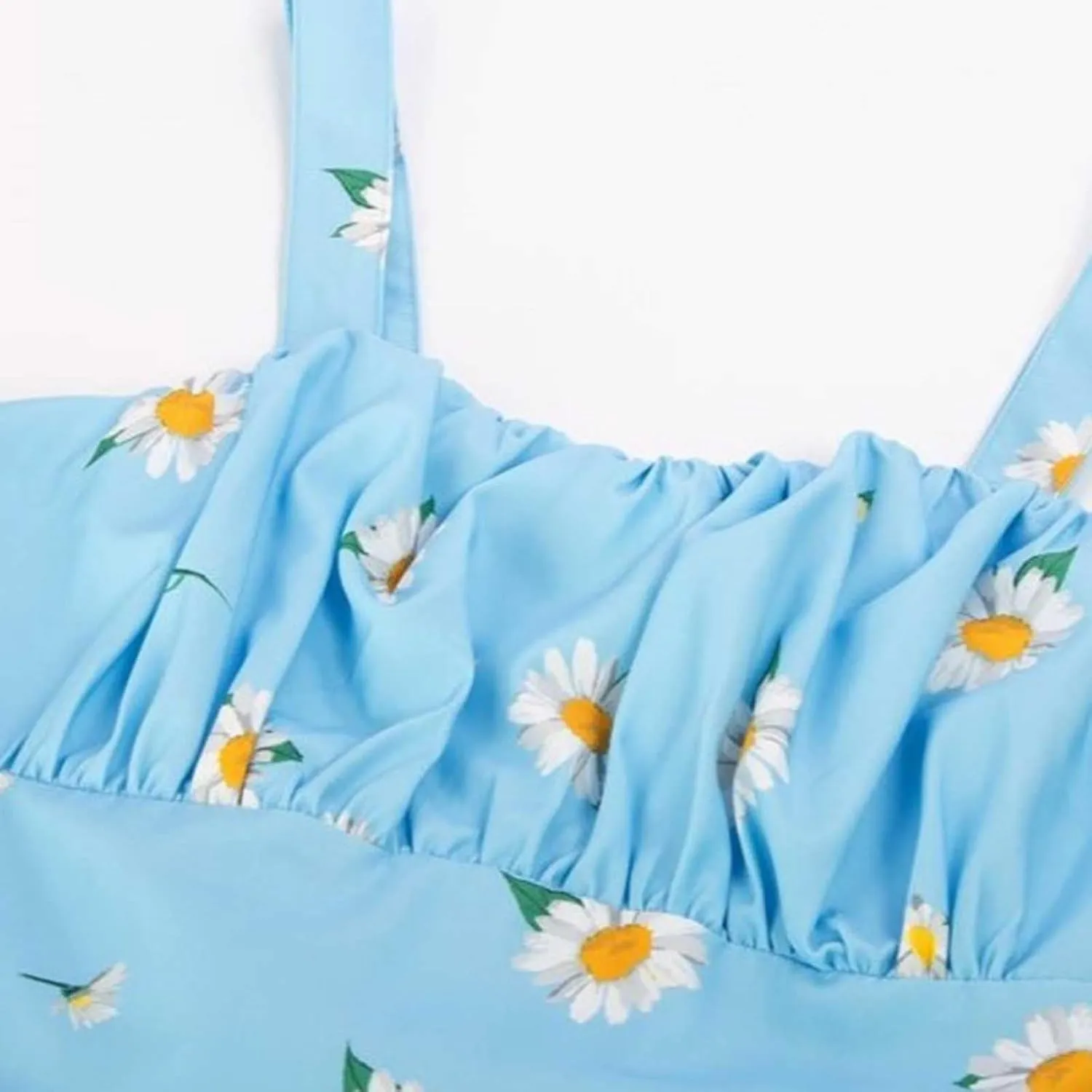 Women Vintage Sleeveless Solid Floral Ruched Summer Cute A-Line Flowy Swing Midi Dress Beach Dresses