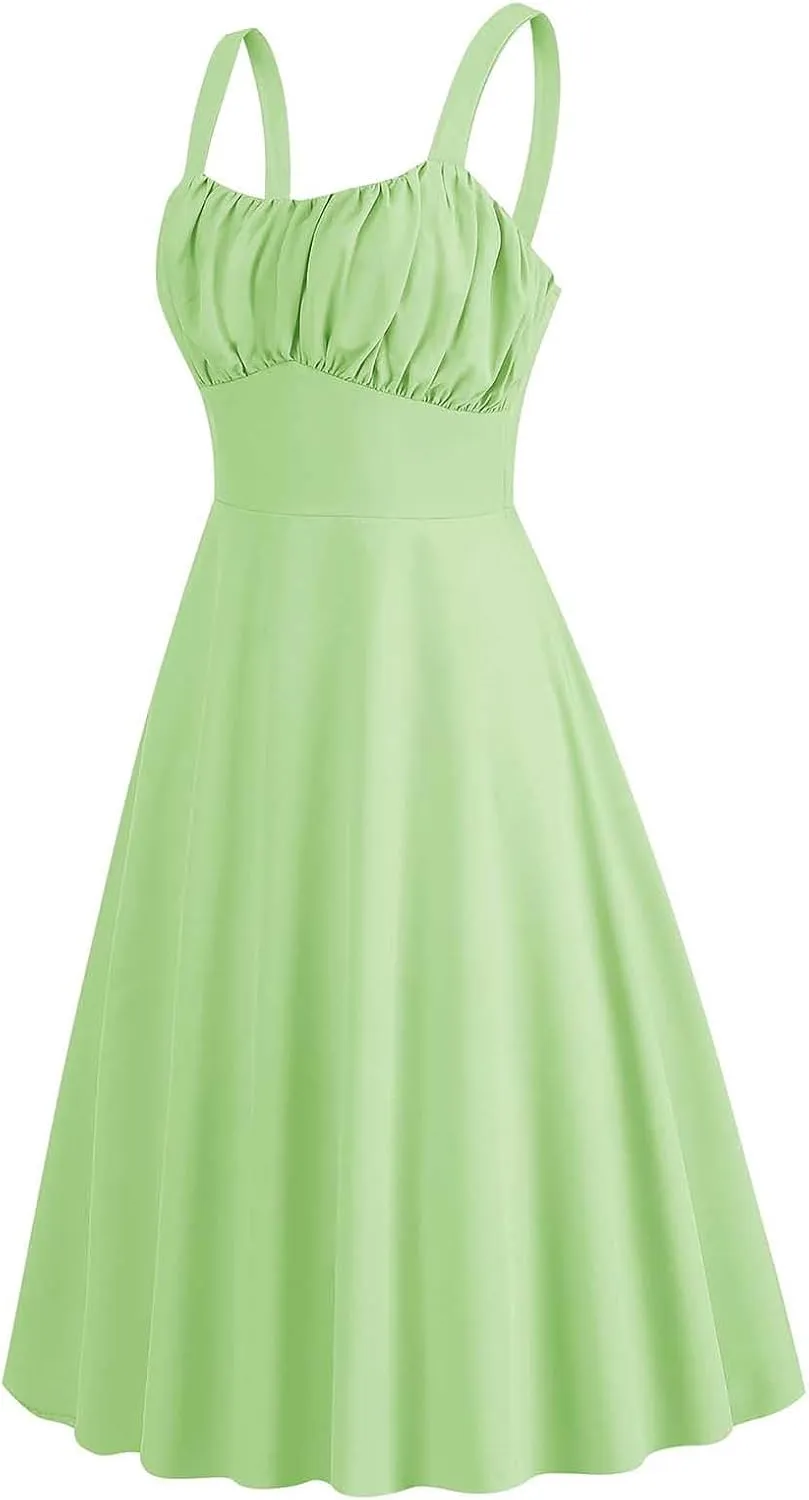 Women Vintage Sleeveless Solid Floral Ruched Summer Cute A-Line Flowy Swing Midi Dress Beach Dresses