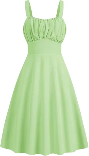 Women Vintage Sleeveless Solid Floral Ruched Summer Cute A-Line Flowy Swing Midi Dress Beach Dresses