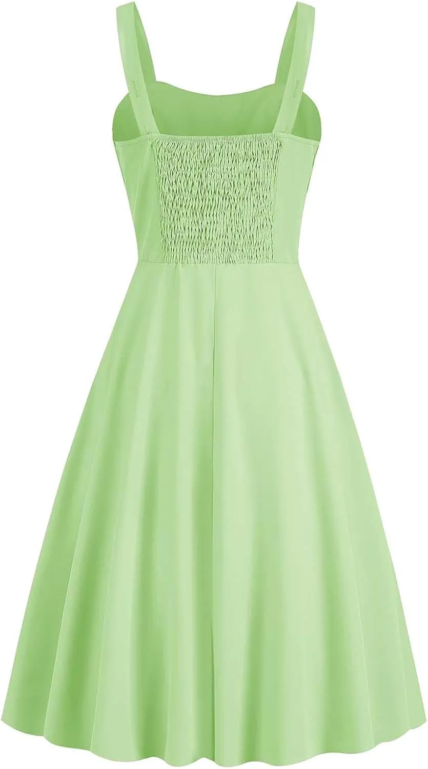Women Vintage Sleeveless Solid Floral Ruched Summer Cute A-Line Flowy Swing Midi Dress Beach Dresses