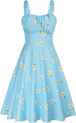 Women Vintage Sleeveless Solid Floral Ruched Summer Cute A-Line Flowy Swing Midi Dress Beach Dresses