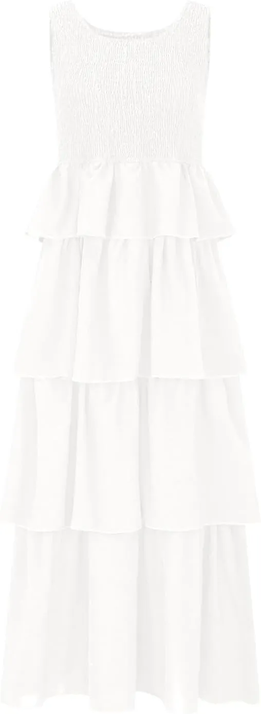 Womens 2025 Summer Sleeveless Maxi Tank Dress Scoop Neck A Line Smocked Ruffle Tiered Layered Beach Vacation Dresses
