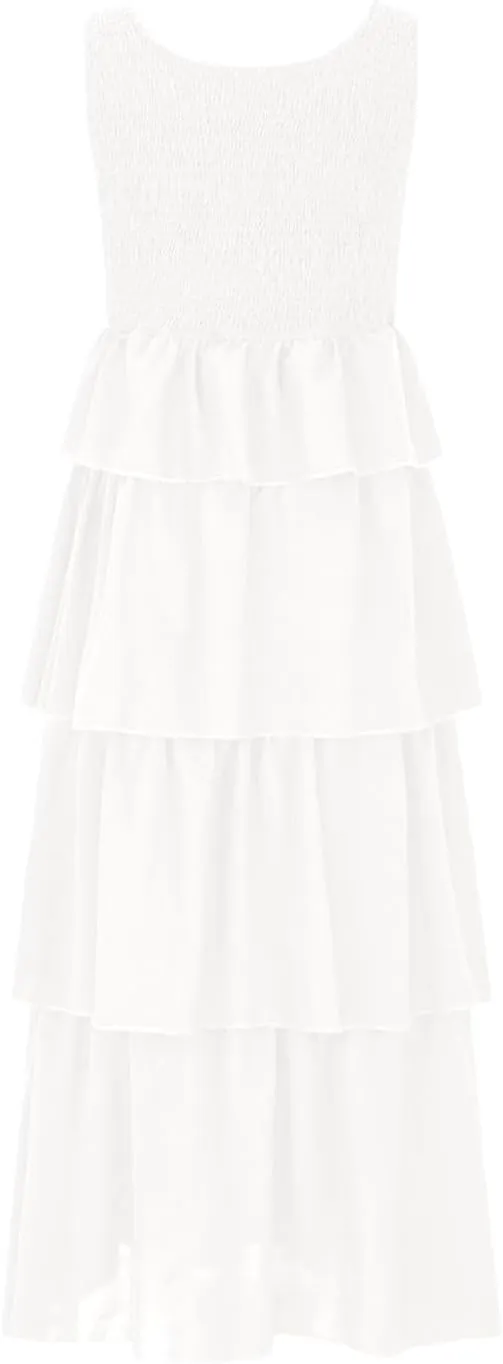 Womens 2025 Summer Sleeveless Maxi Tank Dress Scoop Neck A Line Smocked Ruffle Tiered Layered Beach Vacation Dresses