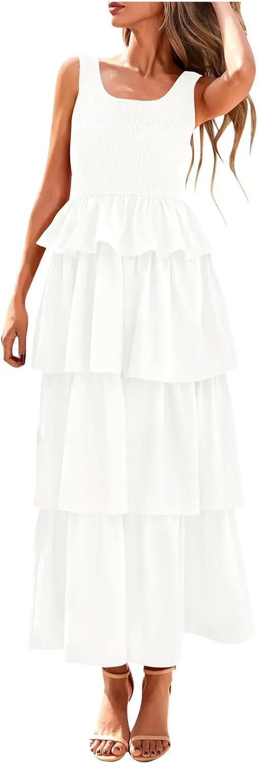 Womens 2025 Summer Sleeveless Maxi Tank Dress Scoop Neck A Line Smocked Ruffle Tiered Layered Beach Vacation Dresses