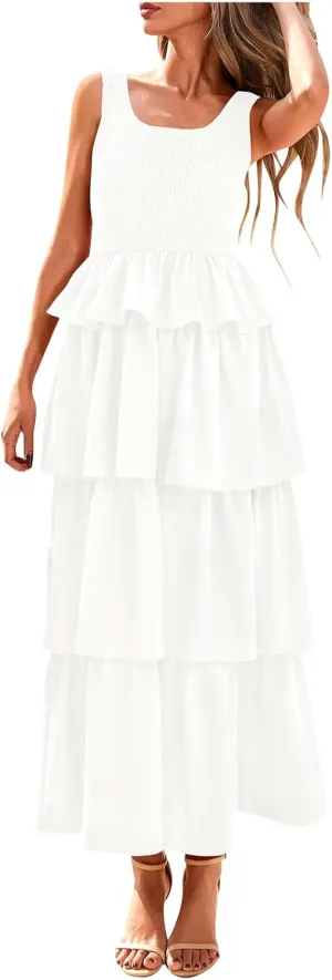 Womens 2025 Summer Sleeveless Maxi Tank Dress Scoop Neck A Line Smocked Ruffle Tiered Layered Beach Vacation Dresses