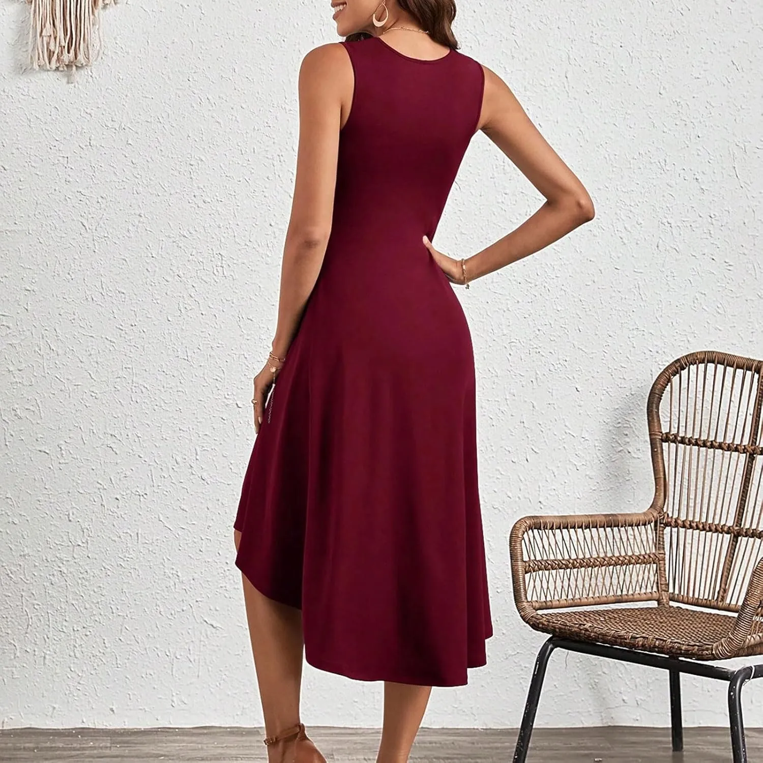 Women's 2025 Summer Sleeveless Ruched Waist Flowy A Line High Low Midi Cocktail Party Dress