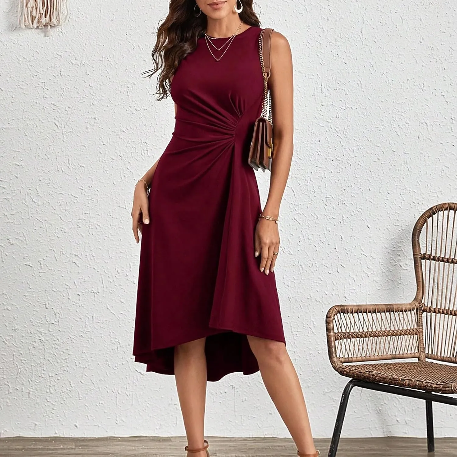 Women's 2025 Summer Sleeveless Ruched Waist Flowy A Line High Low Midi Cocktail Party Dress