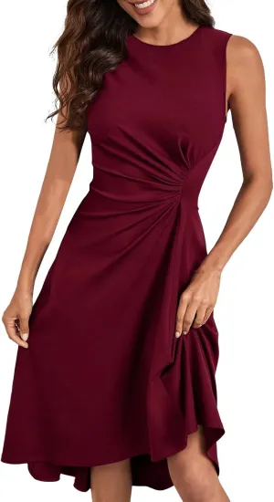Women's 2025 Summer Sleeveless Ruched Waist Flowy A Line High Low Midi Cocktail Party Dress