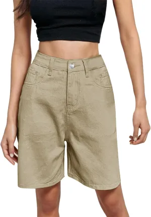 Womens Bermuda Shorts Casual Summer High Waisted Shorts Straight Leg Knee Length Jeans Twill Shorts with Pockets