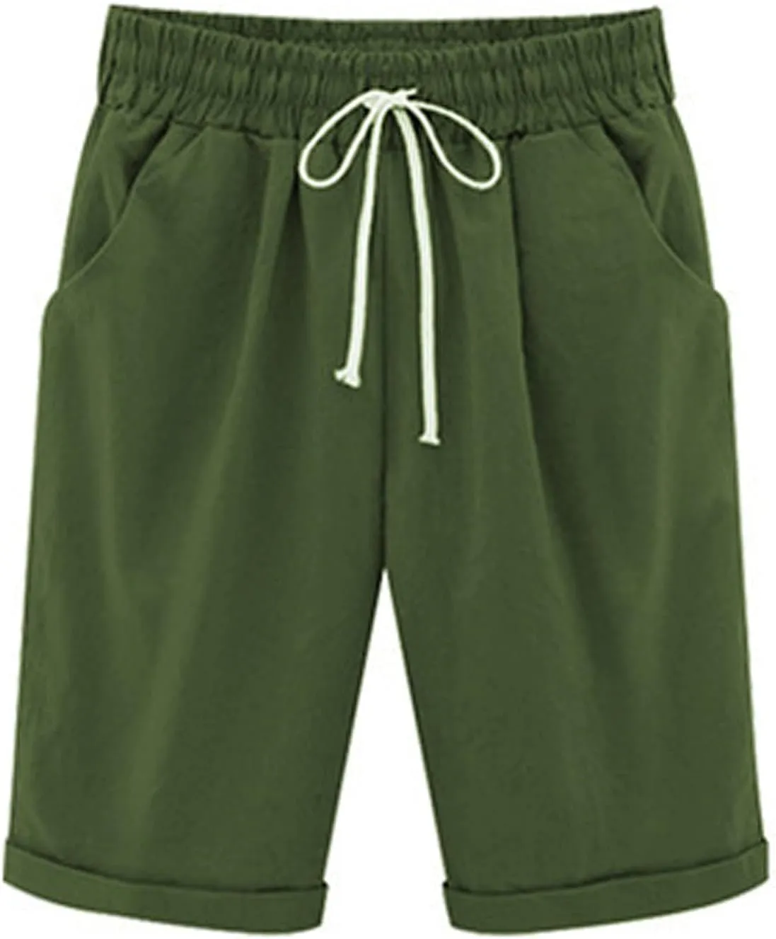 Womens Bermuda Shorts for Summer Knee Length Plus Size Shorts Elastic Waist Drawstring Linen Shorts with Pocket