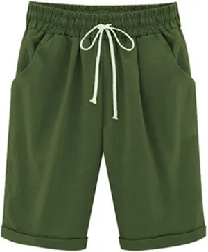 Womens Bermuda Shorts for Summer Knee Length Plus Size Shorts Elastic Waist Drawstring Linen Shorts with Pocket