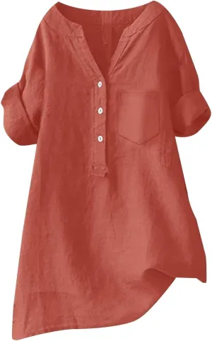 Womens Button Up Shirts Solid Short Sleeve Cotton Linen Summer Casual Business Blouse Tops Loose Fit Tshirt