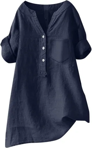 Womens Button Up Shirts Solid Short Sleeve Cotton Linen Summer Casual Business Blouse Tops Loose Fit Tshirt