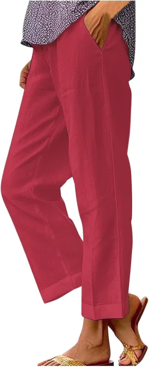 Womens Casual Boho Linen Pants Floral Cotton Linen Casual Pants Drawstring Linen Pants Women Women's Cotton Linen