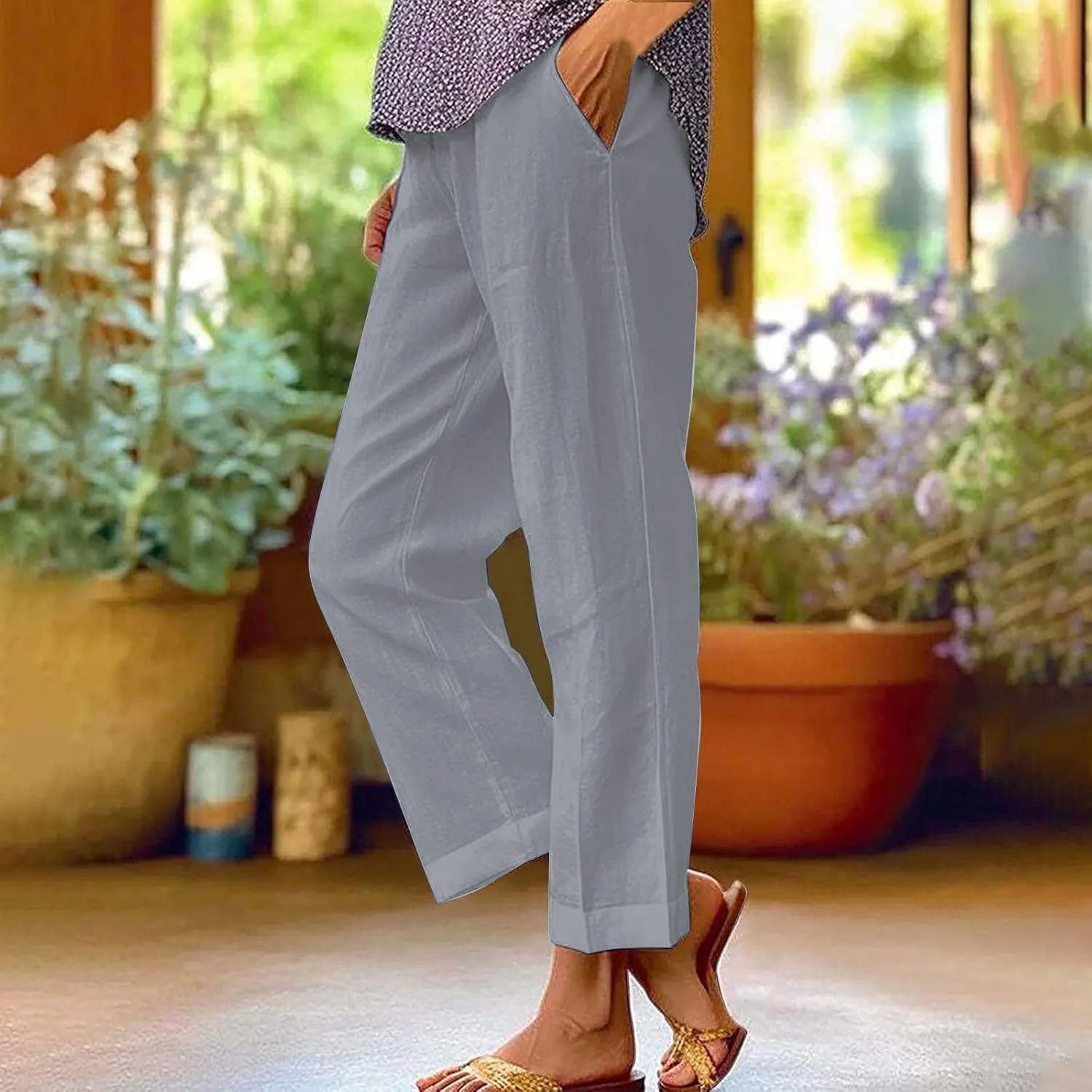 Womens Casual Boho Linen Pants Floral Cotton Linen Casual Pants Drawstring Linen Pants Women Women's Cotton Linen