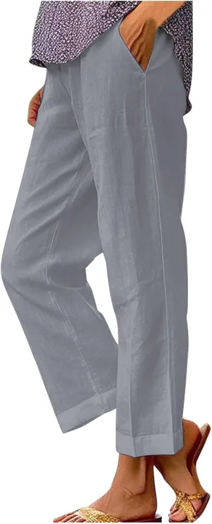 Womens Casual Boho Linen Pants Floral Cotton Linen Casual Pants Drawstring Linen Pants Women Women's Cotton Linen