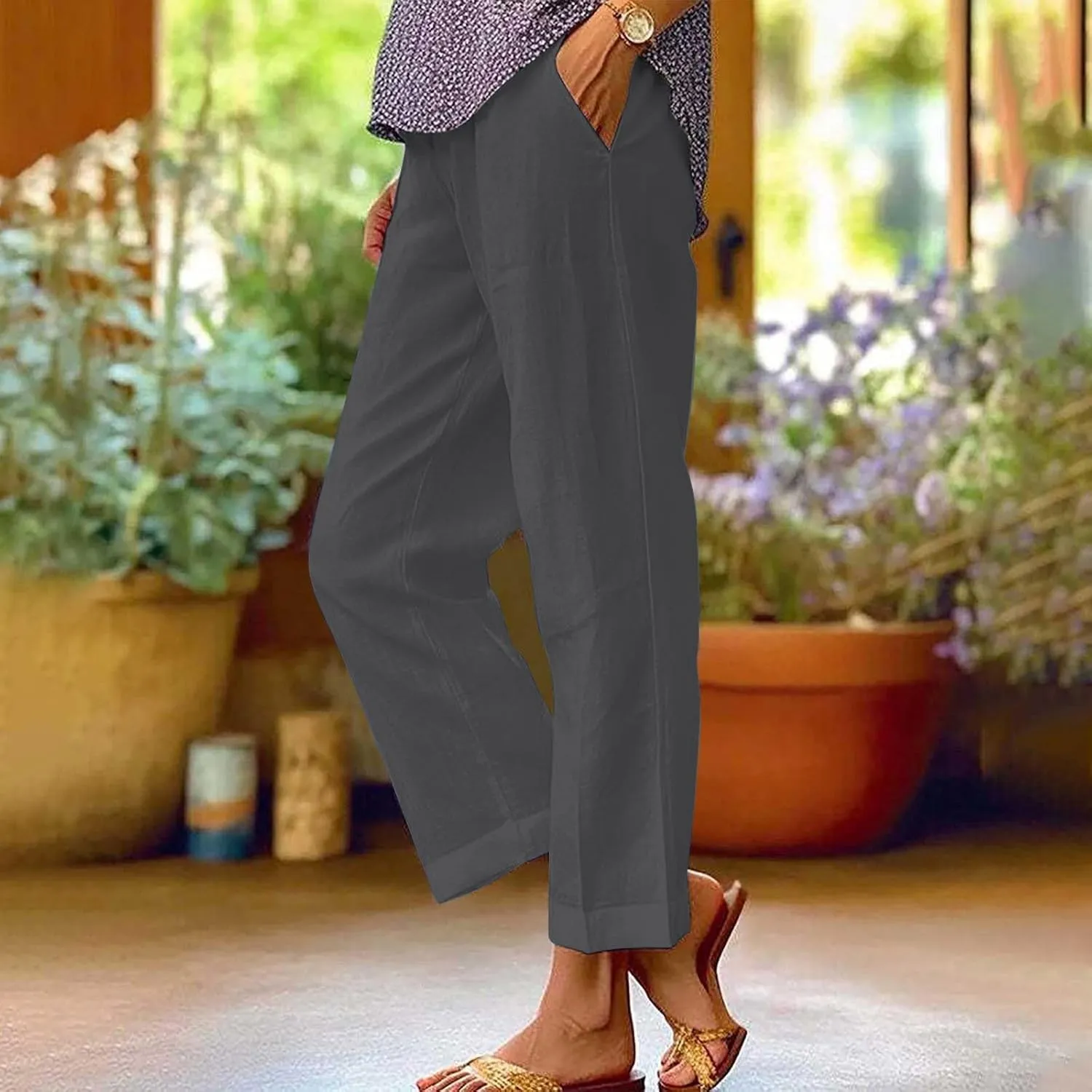Womens Casual Boho Linen Pants Floral Cotton Linen Casual Pants Drawstring Linen Pants Women Women's Cotton Linen