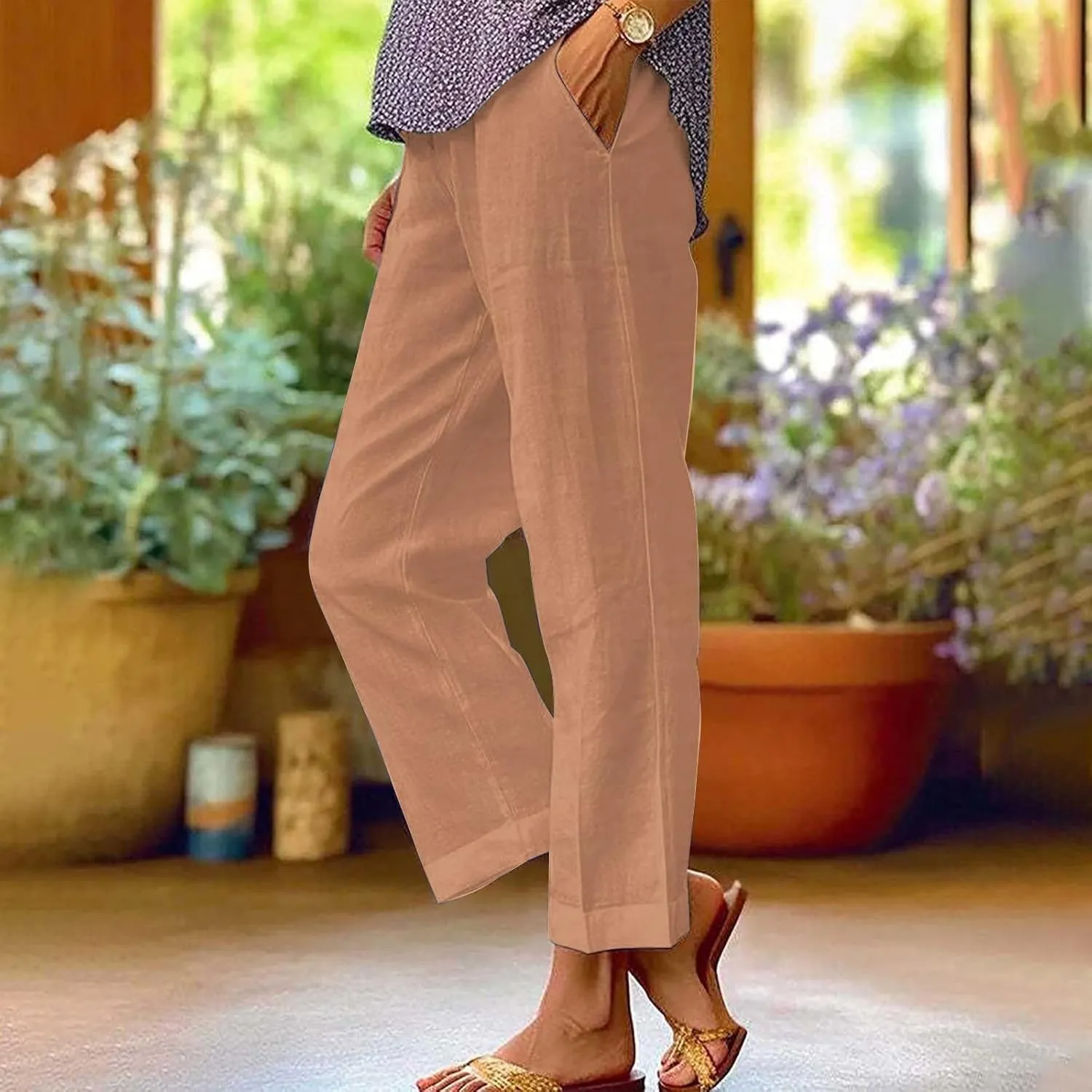 Womens Casual Boho Linen Pants Floral Cotton Linen Casual Pants Drawstring Linen Pants Women Women's Cotton Linen