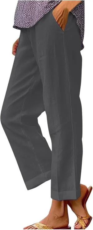 Womens Casual Boho Linen Pants Floral Cotton Linen Casual Pants Drawstring Linen Pants Women Women's Cotton Linen