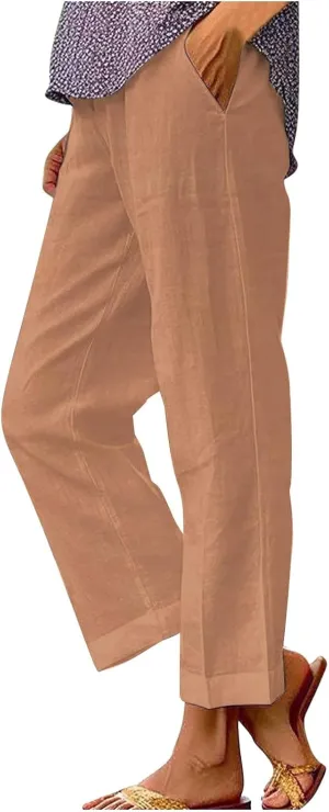 Womens Casual Boho Linen Pants Floral Cotton Linen Casual Pants Drawstring Linen Pants Women Women's Cotton Linen