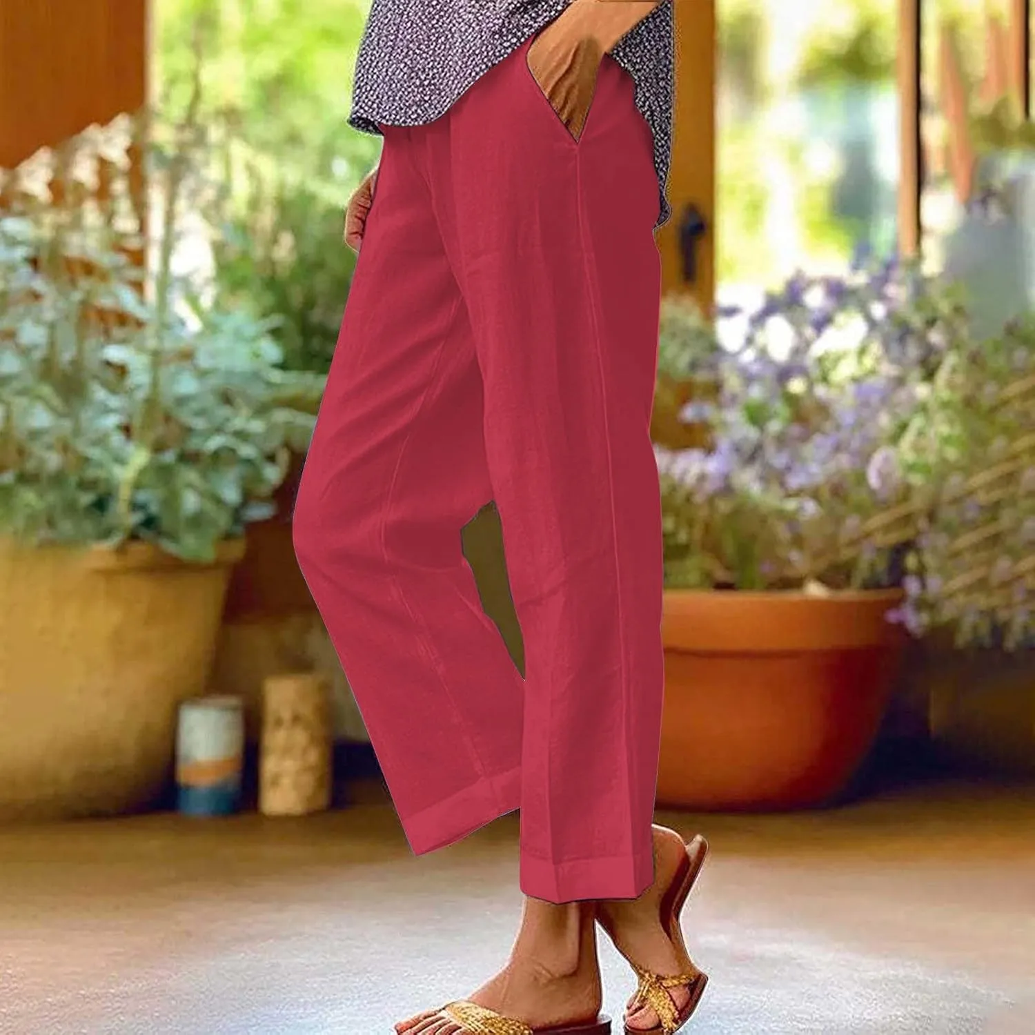 Womens Casual Boho Linen Pants Floral Cotton Linen Casual Pants Drawstring Linen Pants Women Women's Cotton Linen