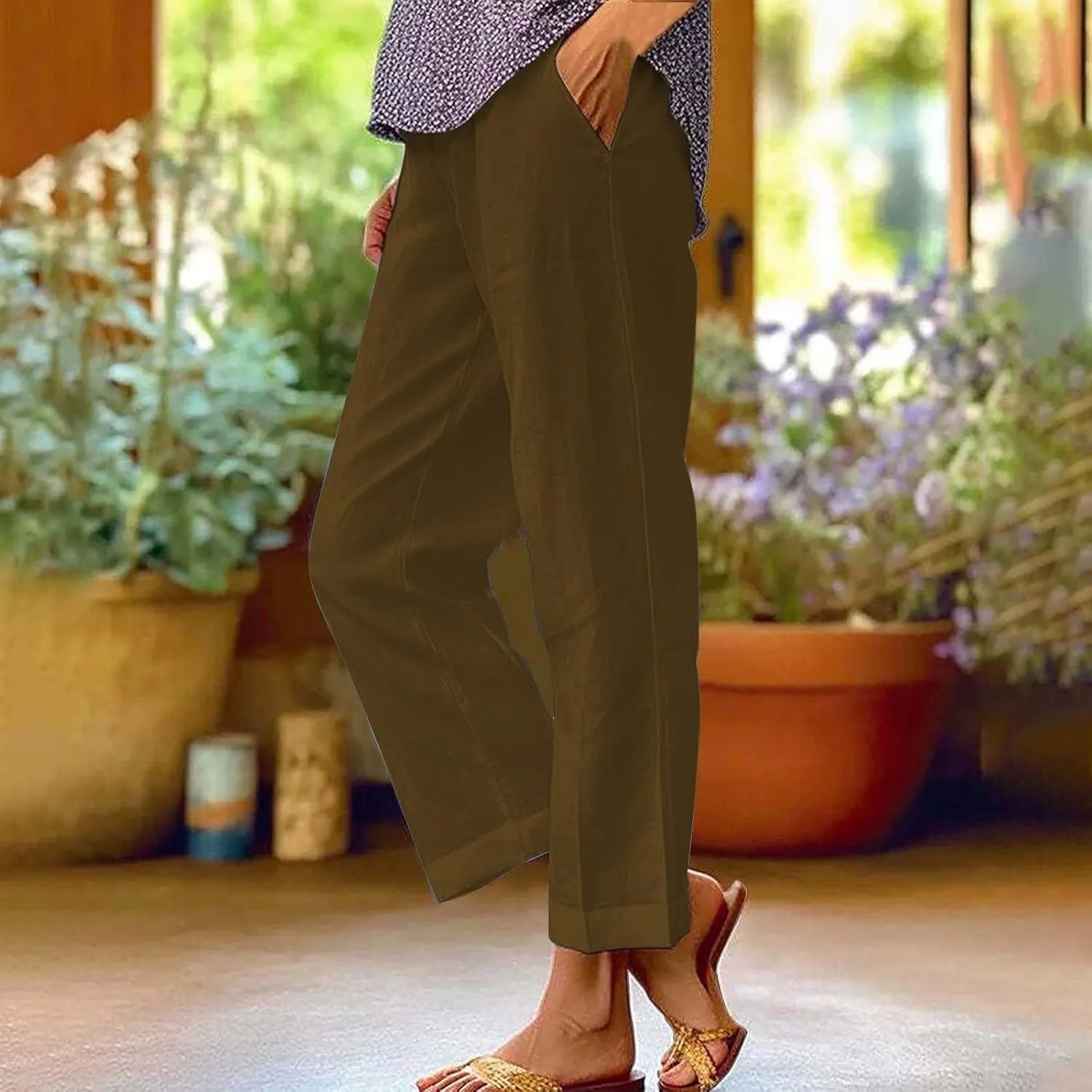 Womens Casual Boho Linen Pants Floral Cotton Linen Casual Pants Drawstring Linen Pants Women Women's Cotton Linen