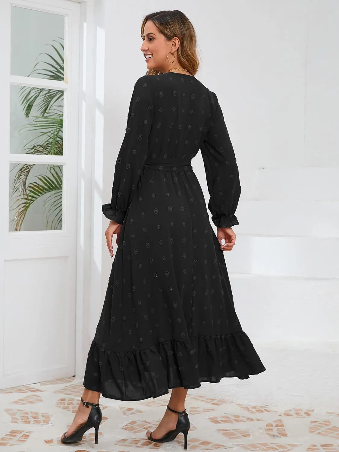 Women's Casual Dress Long Sleeve Swiss Dot Long Flowy A Line Boho Dresses with Belt