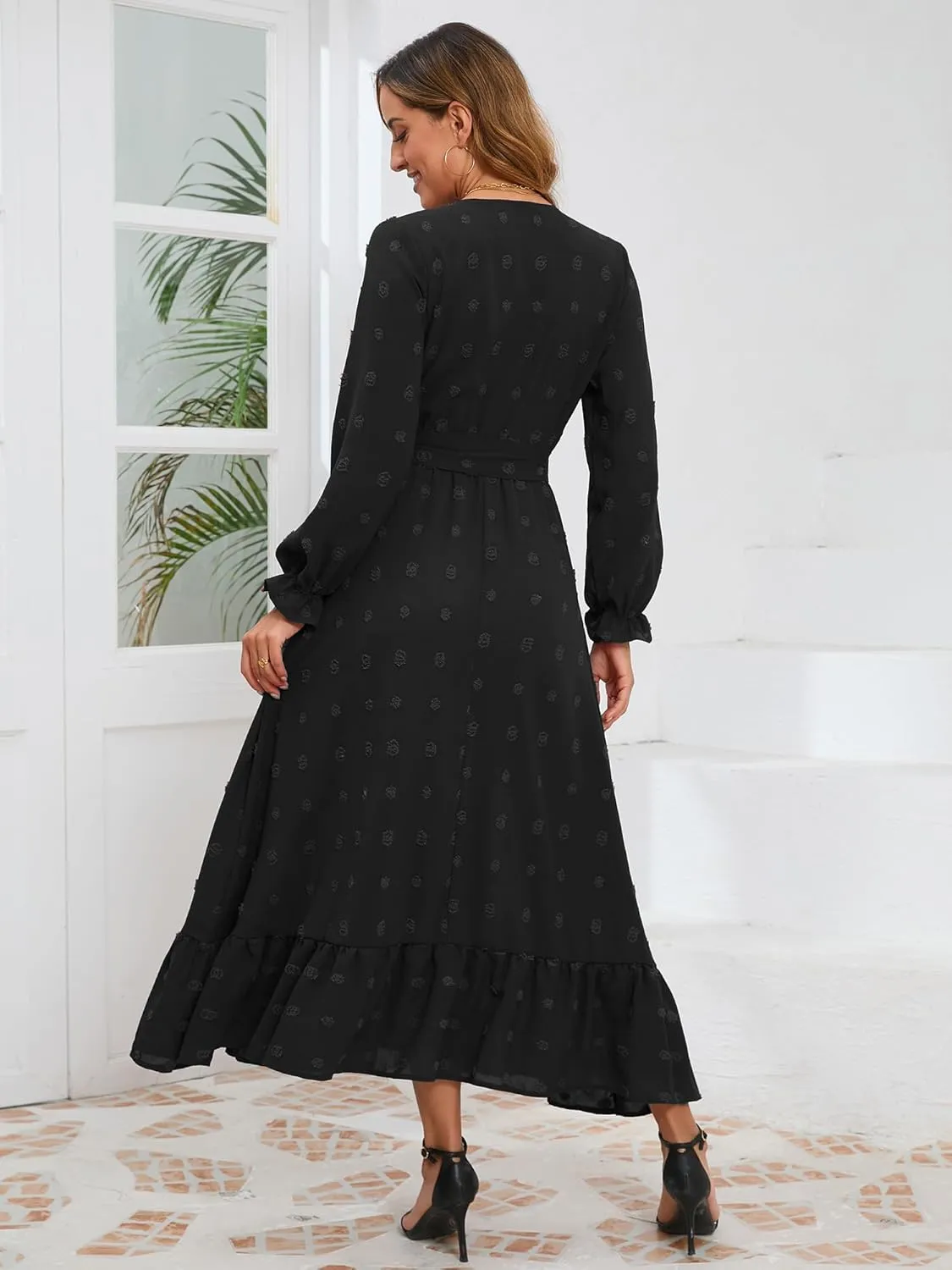 Women's Casual Dress Long Sleeve Swiss Dot Long Flowy A Line Boho Dresses with Belt