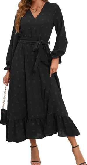 Women's Casual Dress Long Sleeve Swiss Dot Long Flowy A Line Boho Dresses with Belt
