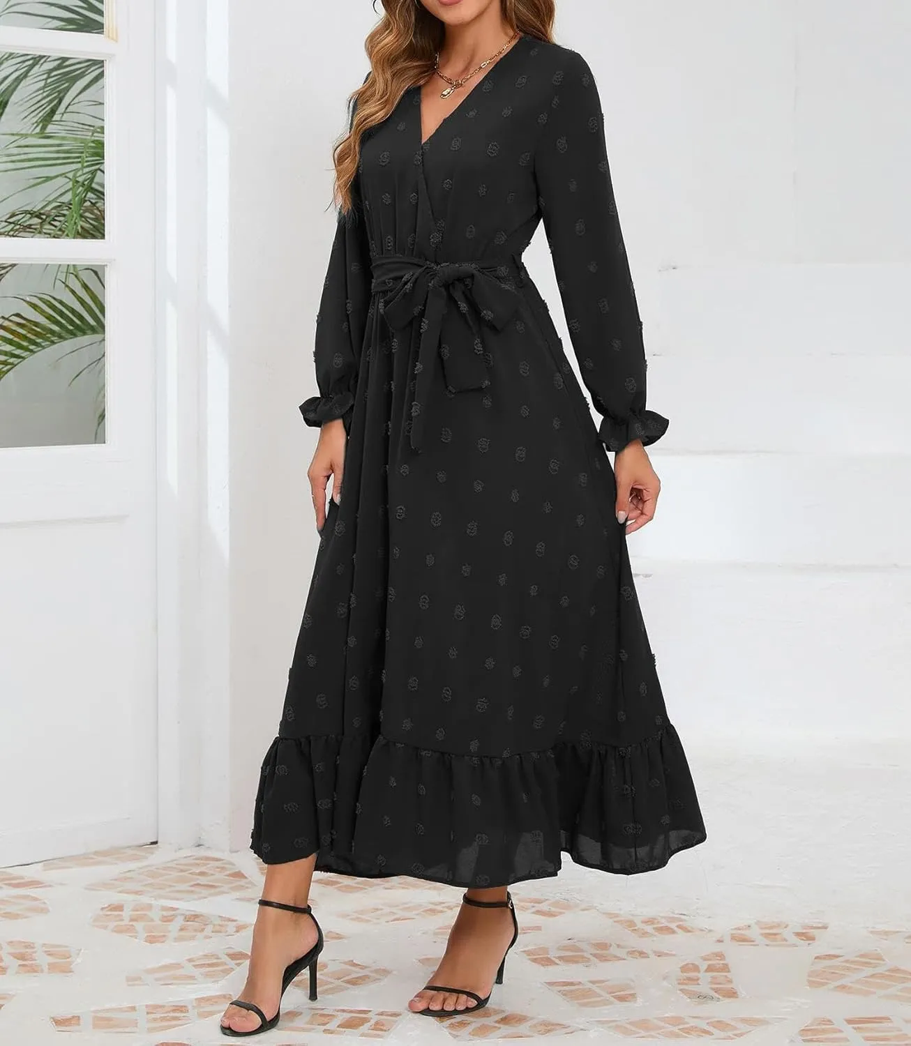 Women's Casual Dress Long Sleeve Swiss Dot Long Flowy A Line Boho Dresses with Belt
