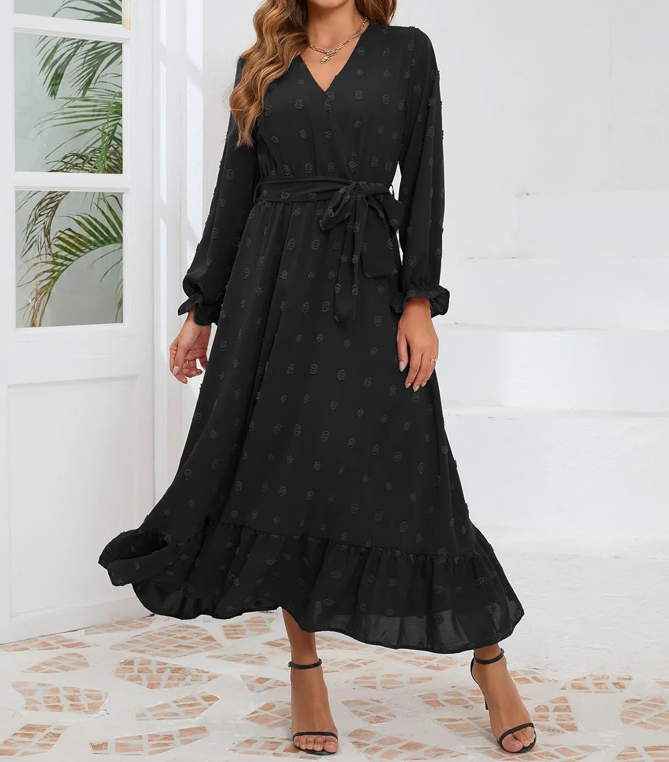 Women's Casual Dress Long Sleeve Swiss Dot Long Flowy A Line Boho Dresses with Belt