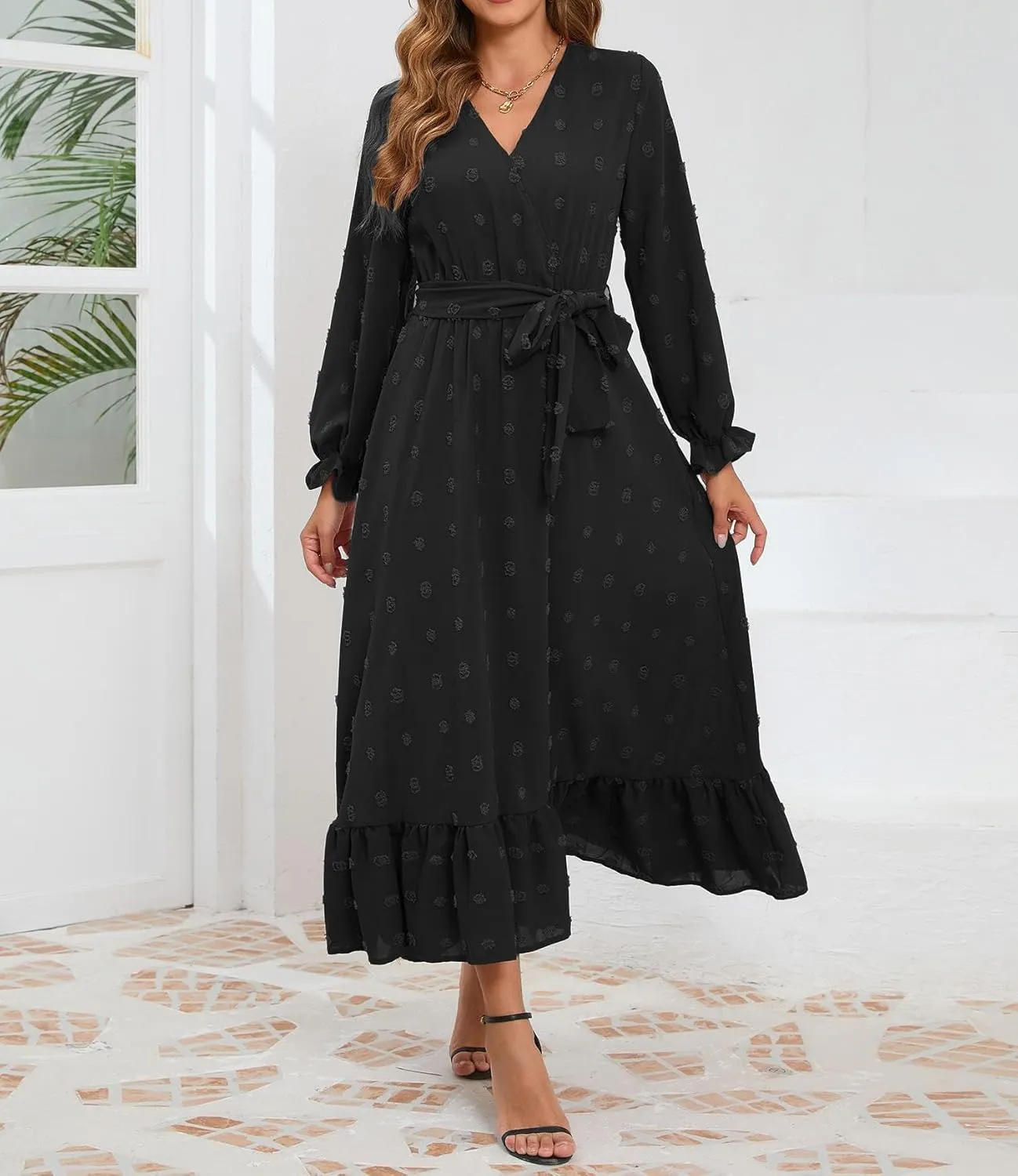 Women's Casual Dress Long Sleeve Swiss Dot Long Flowy A Line Boho Dresses with Belt