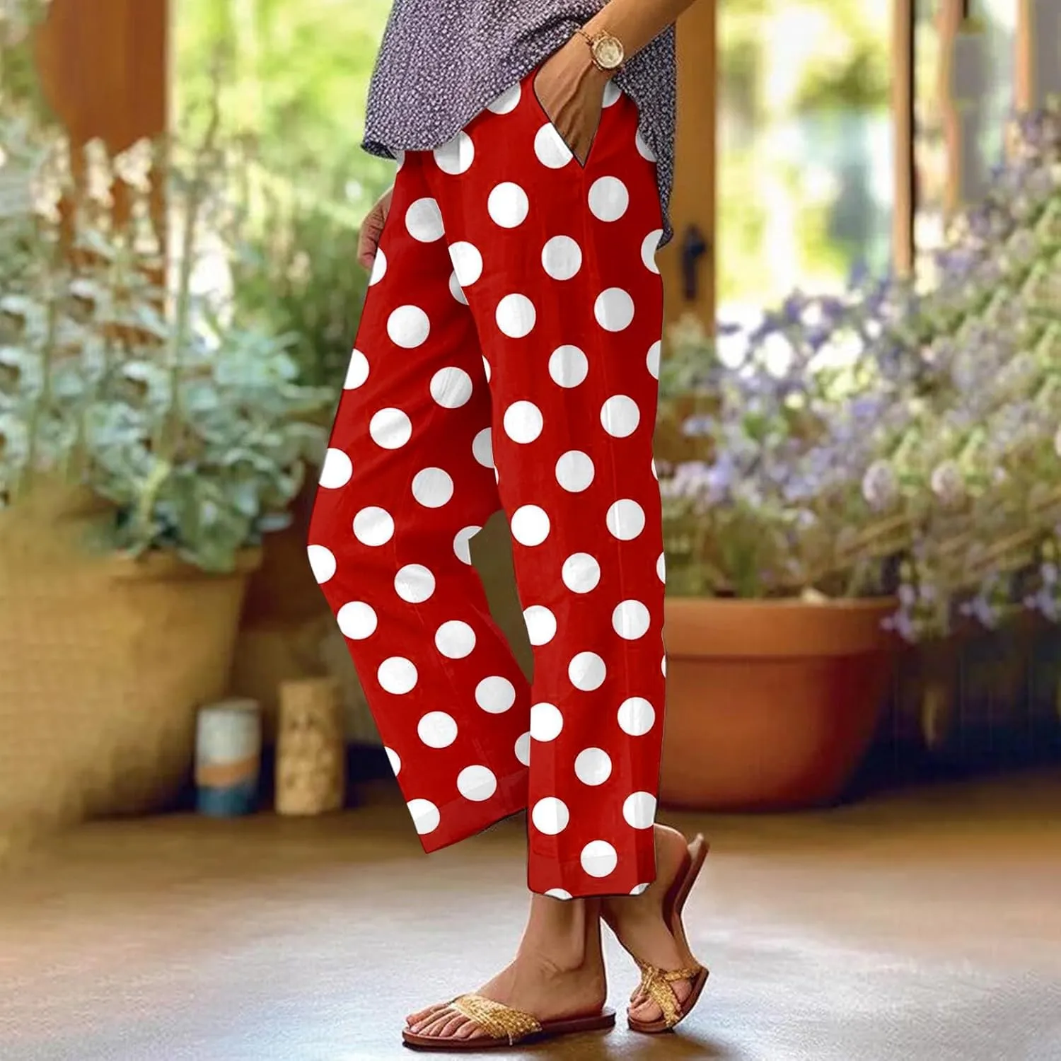 Women's Casual Pants Linen Pants Summer Boho Floral Pants Hight Waist Drawstring Casual Loose Floral Trousers
