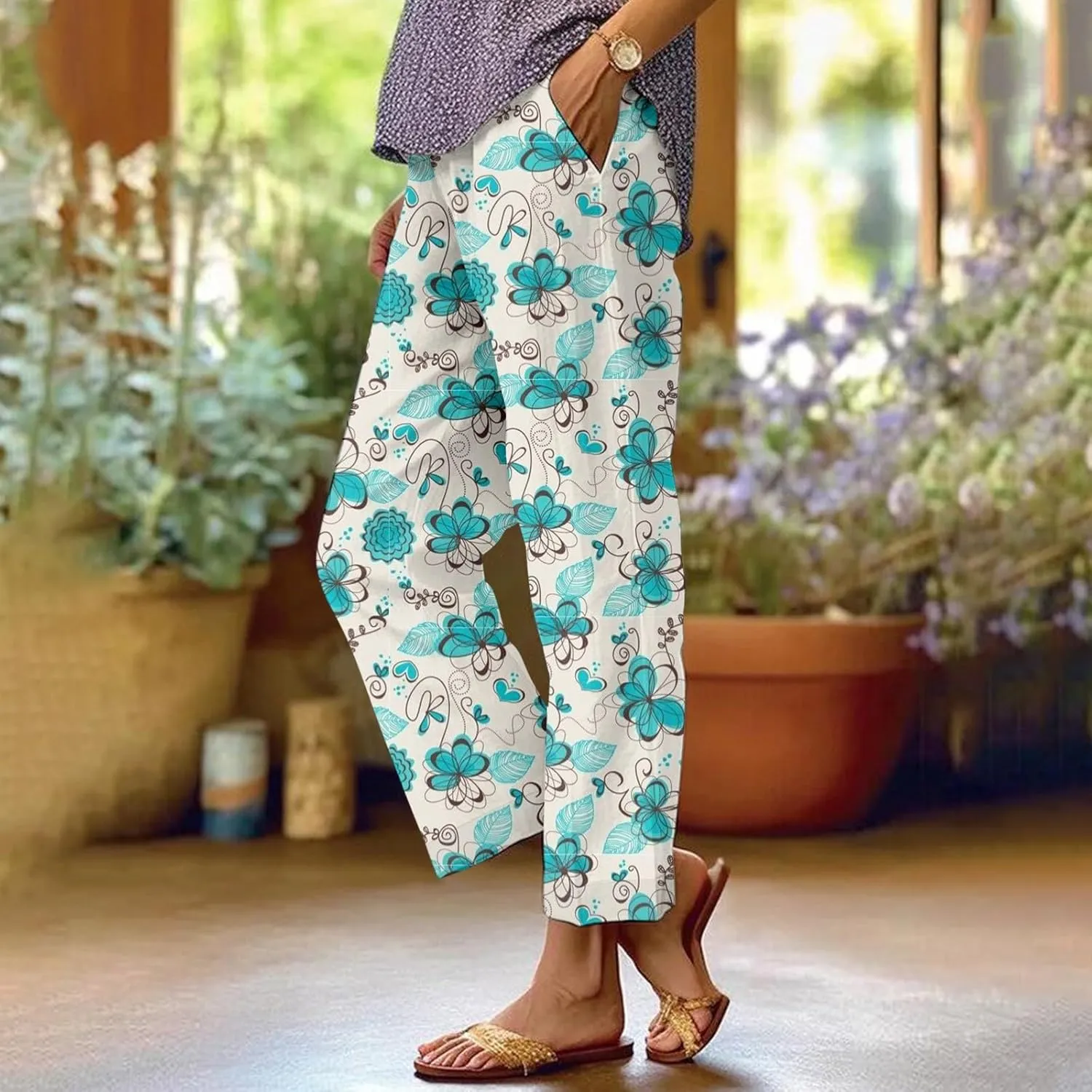 Women's Casual Pants Linen Pants Summer Boho Floral Pants Hight Waist Drawstring Casual Loose Floral Trousers