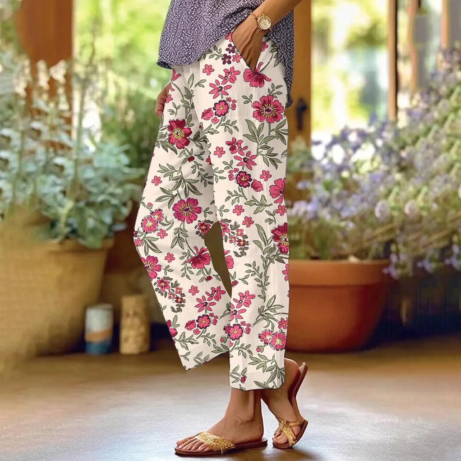 Women's Casual Pants Linen Pants Summer Boho Floral Pants Hight Waist Drawstring Casual Loose Floral Trousers