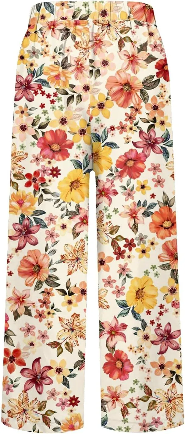 Women's Casual Pants Linen Pants Summer Boho Floral Pants Hight Waist Drawstring Casual Loose Floral Trousers