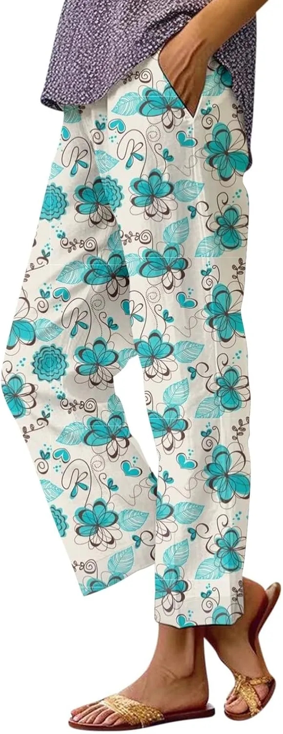 Women's Casual Pants Linen Pants Summer Boho Floral Pants Hight Waist Drawstring Casual Loose Floral Trousers