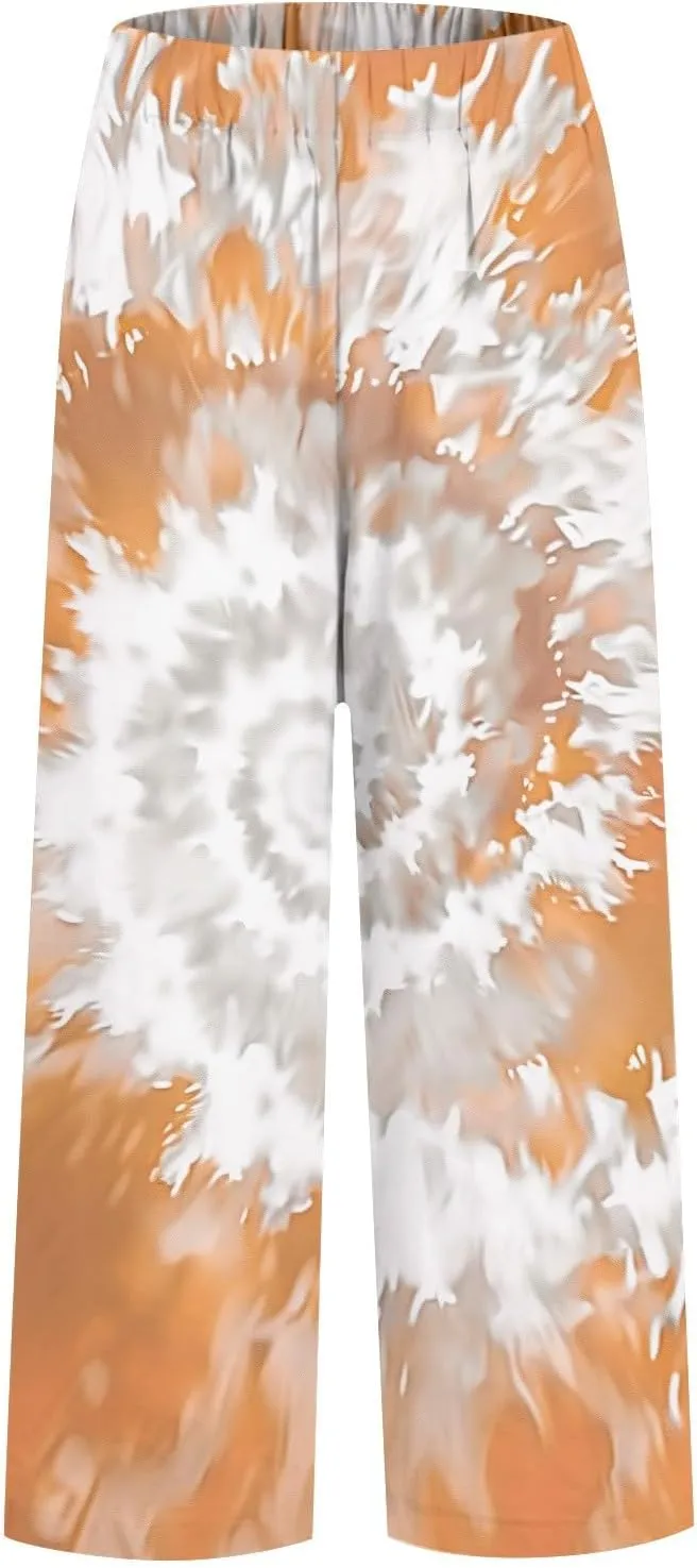 Women's Casual Pants Linen Pants Summer Boho Floral Pants Hight Waist Drawstring Casual Loose Floral Trousers