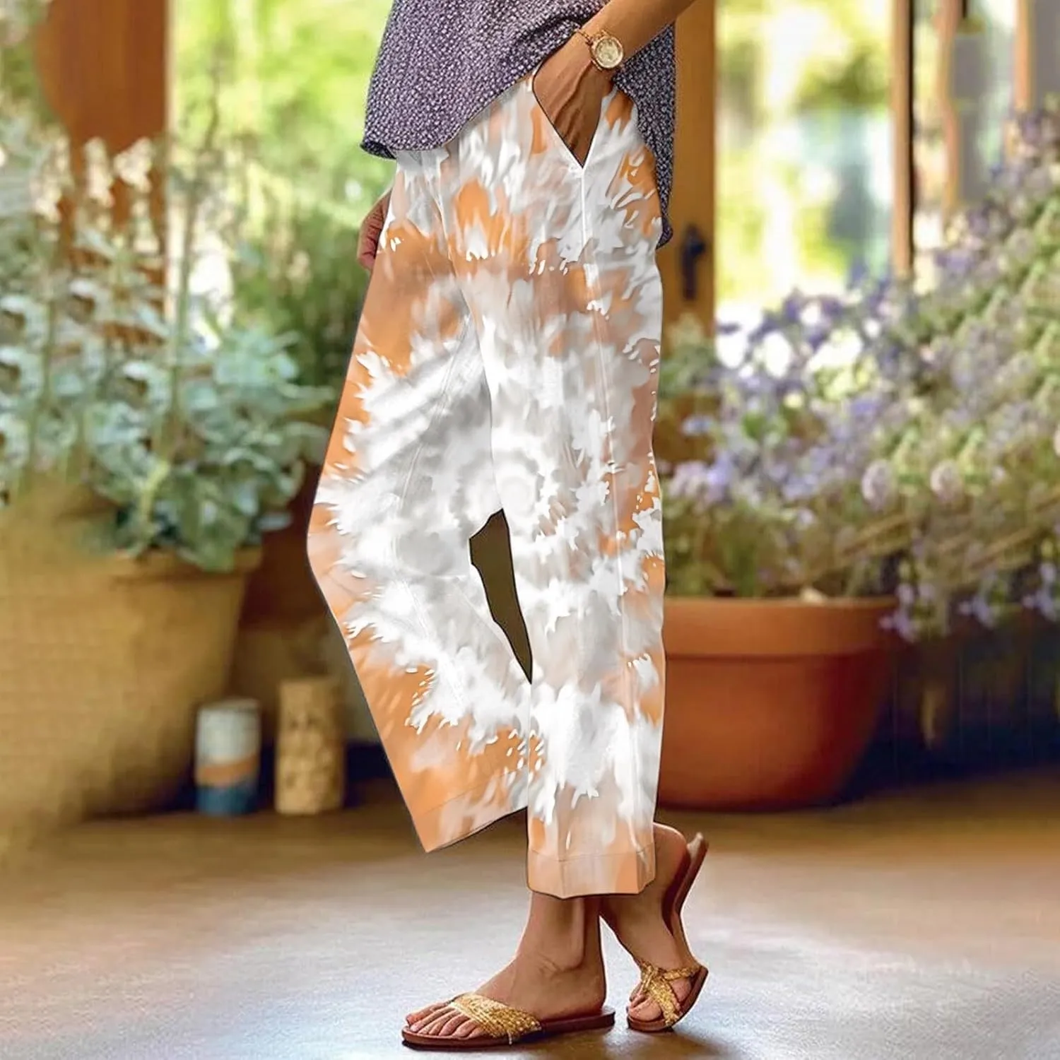 Women's Casual Pants Linen Pants Summer Boho Floral Pants Hight Waist Drawstring Casual Loose Floral Trousers